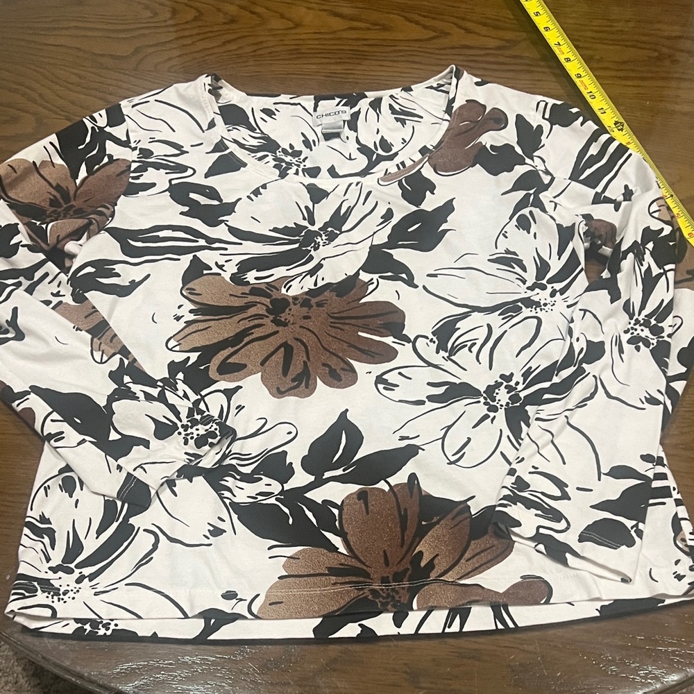 Chico's Black and Brown Floral Long Sleeve Top